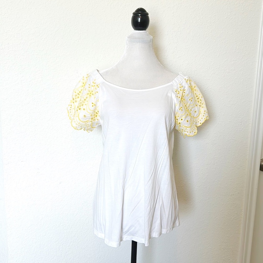 LOFT • White Yellow Embroidered Eyelet Flutter Sleeve Top